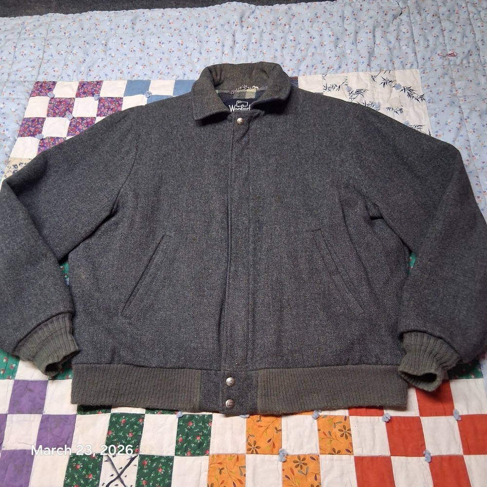 Vintage‎ Woolrich Charcoal Wool Bomber Jacket Mens Size Large Flannel Lined